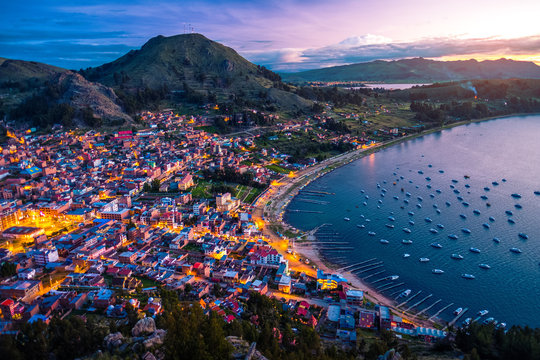 Town of Copacabana and lake of Titicaca during sunset. Bolivia