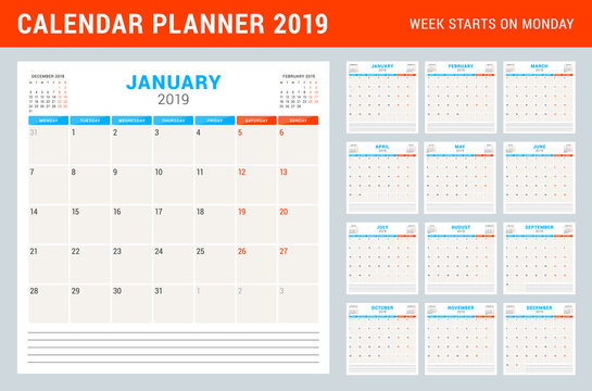 Calendar planner for 2019 year. Week starts on Monday. Set of 12 months. Printable vector stationery design template