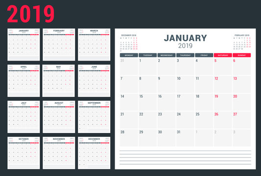 Calendar planner for 2019 year. Week starts on Monday. Set of 12 months. Printable vector stationery design template