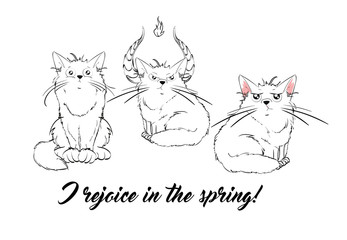 Vector series with cute spring cats. Stylish kitten set. Illustration in sketch style t-shirt print, cards, poster. Three kittens. Kids animals. Funny cartoon characters.