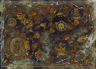 Beautiful map with pirate treasures, old ships, compasses, islands on texture. Decorative antique nautical chart, collage with hand drawn illustration