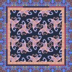 Obraz premium Bandana print, ceramic tile, tablecloth or cushion with groovy paisley ornament and beautiful frame with tulips flowers and abstract pattern.