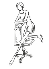 Beautiful fashion woman in dress sitting on office chair. Sketch. Hand drawn pretty girl. Vector illustration.