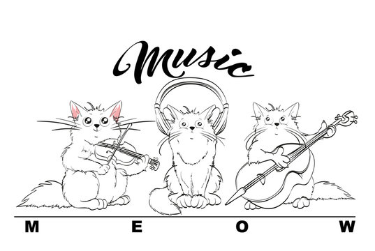 Music. Vector set of cute spring cats. Orchestra of charming kittens. Fiddler, double bass and music lover. Illustration in sketch style. Three kittens. Funny cartoon characters.