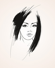 Sketch. Face of a young beautiful woman with long hair. Women hairstyle icon. Logo women face with fashionable hairstyle. Vector Illustration
