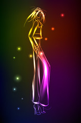 Hand-drawn fashion model from a neon. A light girl's. Fashion illustration.