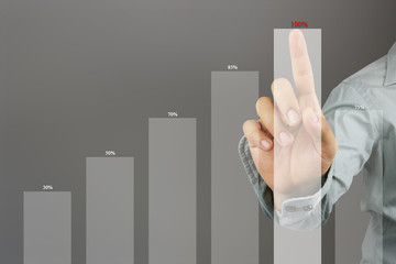 Hands of businessman point to the top of bar graph and skyscraper background.