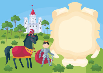 Colorful background with a picture of a parchment scroll, fairytale castle and Prince. Vector illustration.