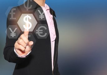 Hand of a businesswoman use finger to touch currency $ icon on bue background.
