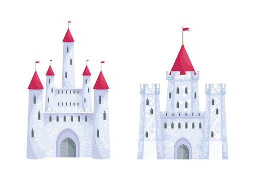 Colorful image of a beautiful fairy medieval castle. Vector illustration in cartoon style.