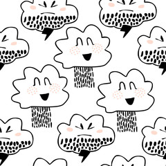 Childish seamless pattern black and white style. Scandinavian style. Vector childish background for fabric, textile, nursery wallpaper.