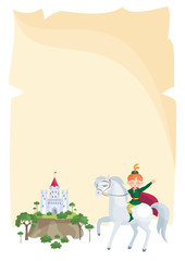 Colorful background with a picture of a parchment scroll, fairytale castle and Prince. Vector illustration.