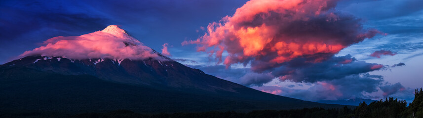Panorama of the volcano of Osorno during sunset with big cloud, Chile