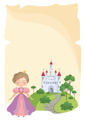 Fototapeta na wymiar Colorful background with a picture of a parchment scroll, fairytale castle and a pretty Princess. Vector illustration.