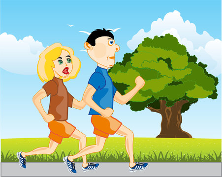 Man and woman run