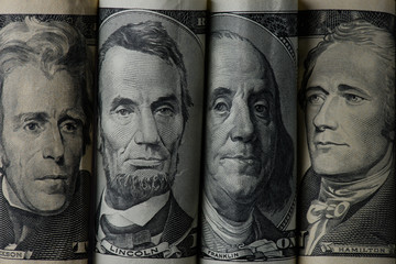 Close up view of American presidents on dollar banknotes
