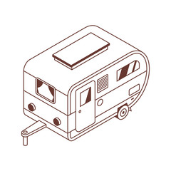 Camping trailer isometric illustration in line art. Family motorhome in 3d perspective. RV camper linear icon in isometry style.