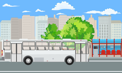 Empty Bus Stop and Bus with City Skyline Flat Design Style.
