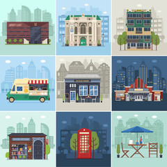 Fototapeta premium Entertainment city places. Public buildings, city infrastructure and environment concepts in flat design. Cafe restaurant, music theater, philharmonic hall and movie cinema on modern town backgrounds.