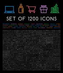 Set of 1200 Minimal White Icons on Black Background ( Isolated Elements )