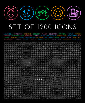Set of 1200 Minimal White Icons on Circular Buttons on Black Background ( Isolated Elements )