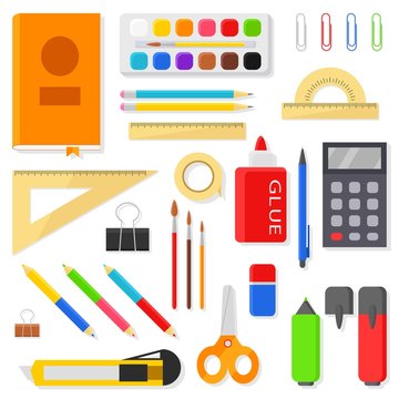 Stationery icons set - rulers, pens, pencils, markers, brushes, paints, watercolor, calculator and other items. School and office supplies isolated on white background. Vector illustration