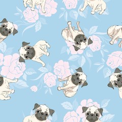 Vector seamless pattern with cute cartoon dog puppies. Can be used as a background, wallpaper, fabric and for other design.French Bulldog pattern