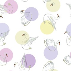 Seamless pattern with white swans. White swans on pink background. Vector illustration.