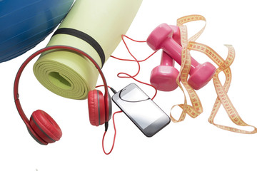 Fitness ball, dumbbells, Mat, smartphone and headphones
