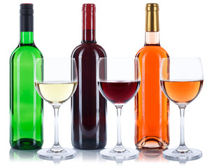 Wein Flaschen Glas Weinflaschen Weinglas Rotwein Weißwein Rose freigestellt Freisteller