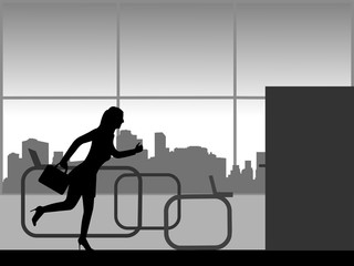 A woman hurries from work and runs out of the office, one in the series of similar images silhouette 