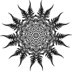 Black and white illustration of a mandala - a flower of life. Fern and leaf fractal.