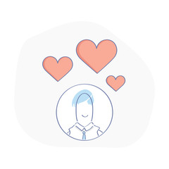 Cute fun user head with love thoughts, hearts around character face. Social media emoji, like, sympathy, positive emotion vector icon concept. Flat outline modern design concept