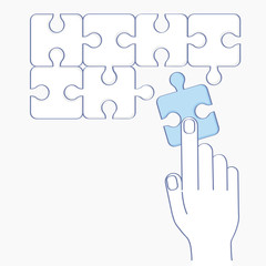 Hand putting puzzle pieces. Solution business concept, completion mission metaphor, problem solving, successful implementation plan. Flat outline vector illustration