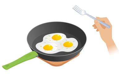 Flat isometric illustration of frying pan with scrambled eggs, hand with fork. The morning eating of omelette from dripping pan. The breakfast, ingestion, nutrition, food, albumen, vector concept.
