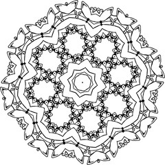 Black and white illustration of a mandala - a flower of life. Cosmic space.