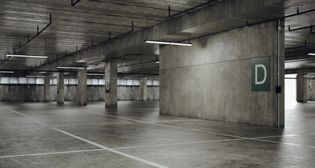 3d empty underground parking space - obrazy, fototapety, plakaty