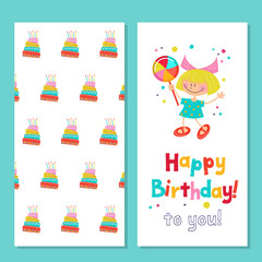 Congratulations on your birthday. Invitation to a festive party. Funny girl with candy. Background with a beautiful birthday cake. Bright colorful clipart. Vector illustration.