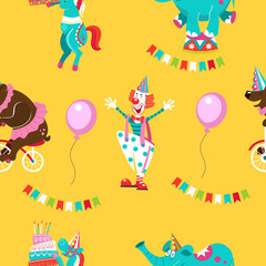 Seamless pattern. Circus animals, circus artists. Bright pattern for printing on textiles, wrapping paper, for registration of a cheerful holiday in honor of birthday or gift packaging.