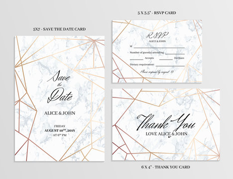 Wedding set. Save the date, thank you and R.S.V.P. cards template of geometric design. White marble background and rose gold geometric pattern. Seamless pattern included. Eps10.