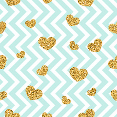 Gold heart seamless pattern. Blue-white geometric zig zag, golden confetti-hearts. Symbol of love, Valentine day holiday. Zigzag design wallpaper, background, texture. Vector illustration