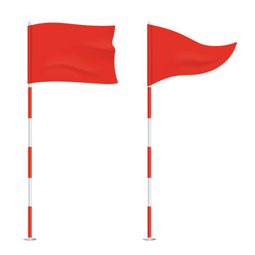 Red golf flags isolated on background. Square and triangular vector waving flags, waving on a stick.