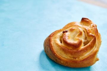 Homemade rose bun on blue background, close-up, shallow depth of field