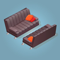 Isometric cartoon sofa icon isolated on blue.