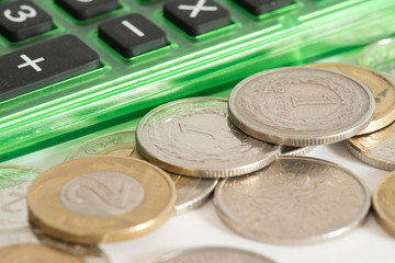 Ein Taschenrechner und Polnische Zloty Münze PLN