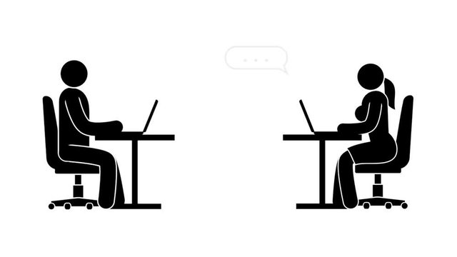 Simple pictogram - man and woman with laptops communicate in online chat. Icon people. Looped animation with alpha channel.