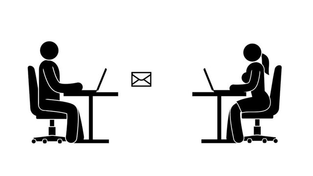 Pictogram people. Man and woman with laptops send each other e-mails. Looped animation with alpha channel.