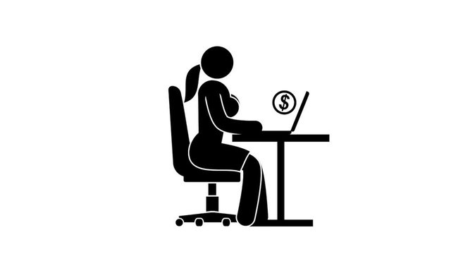 Pictograms people. Woman with laptop makes money on the Internet. Looped animation with alpha channel.