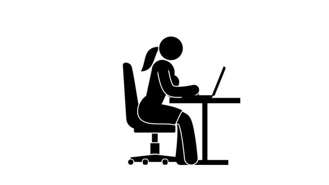 Abstract woman working on laptop. Pictogram prople looped animation with alpha channel.