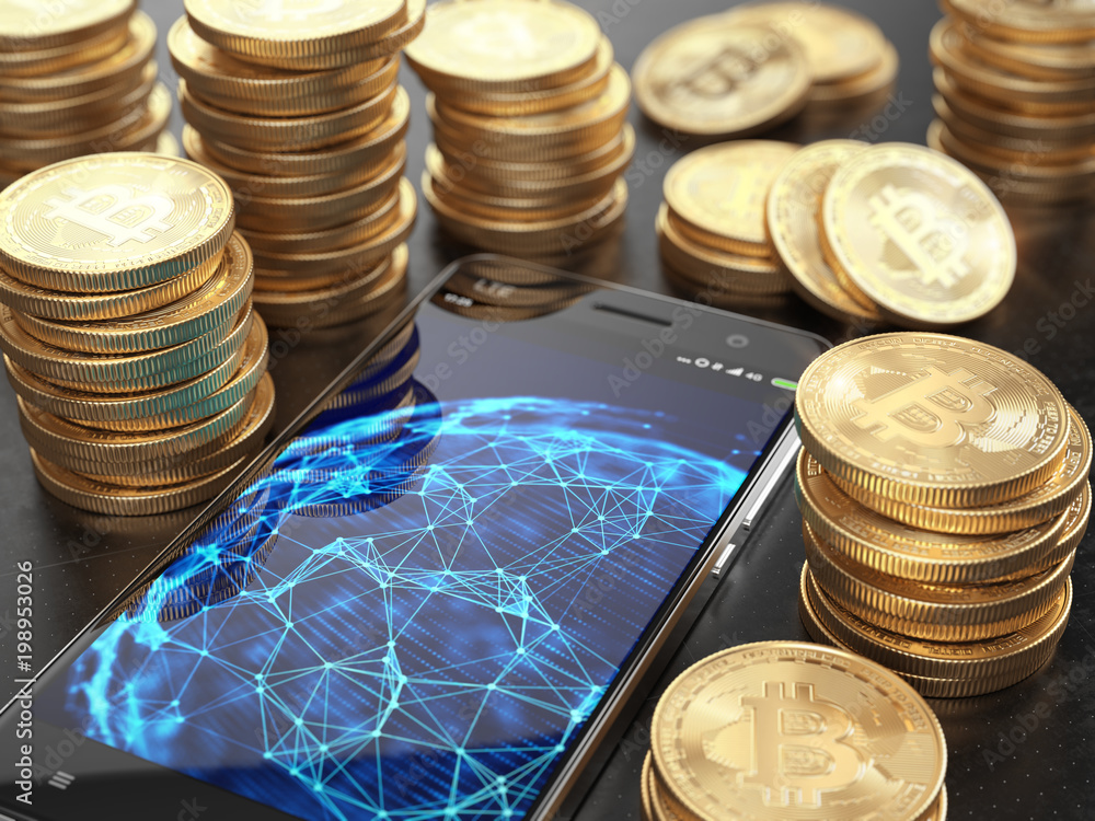 Poster smarphone with network connections on screen and stacks of bitcoins. cryptocurrency concept. 3d rend